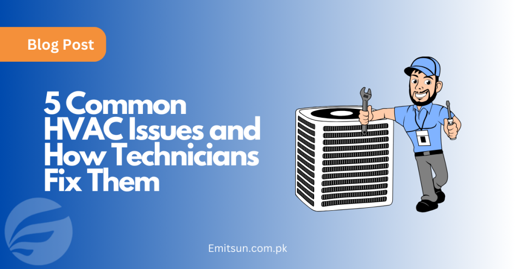 Illustration of 5 common HVAC issues and their solutions by technicians.
